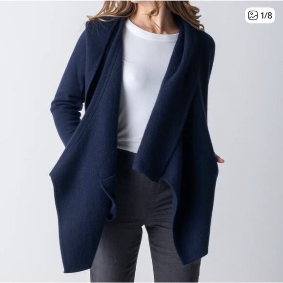 Margaret O'Leary Navy Blue St. Claire Cashmere Waterfall Open Hooded Cardigan S - Picture 1 of 10